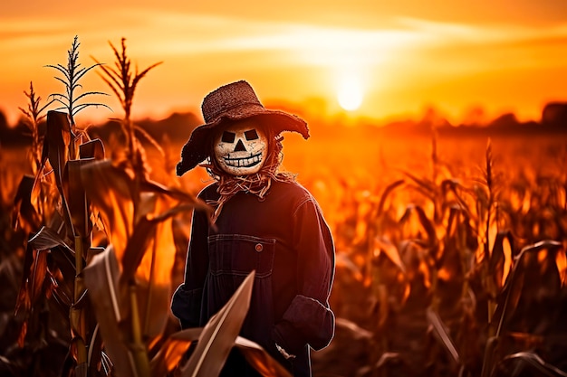 Scarecrow with halloween pumpkin on wide cornfield at sunset close up Generative AI