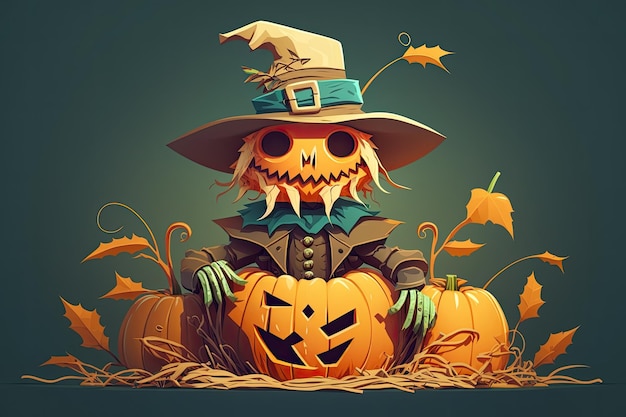 Scarecrow with hat and pumpkin in a field at sunset Generative AI