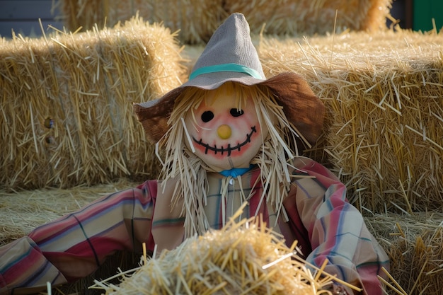 Photo scarecrow with a painted smile surrounded by bales of hay