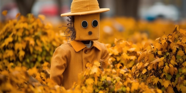 A scarecrow in a yellow suit and hat is standing in the middle of a field of yellow leaves ai