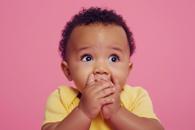 Scared African American baby boy and biting nails in studio with oops reaction on pink background