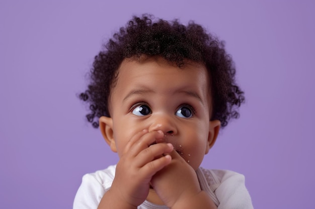 Scared African American baby boy and biting nails in studio with oops reaction on pink background