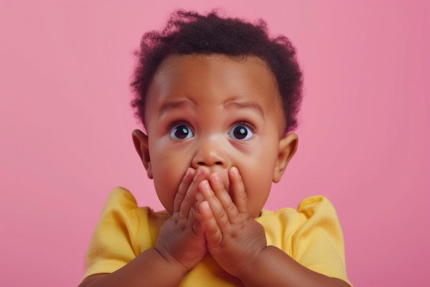 Scared African American baby boy and biting nails in studio with oops reaction on pink background