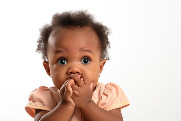 Scared African American baby girl and biting nails in studio with oops reaction on white background