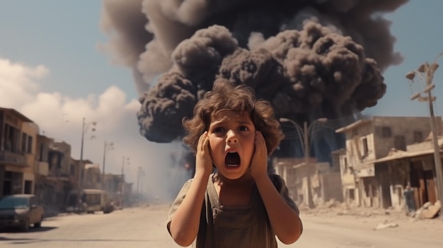 Scared Arab child screams escaping from rocket attack face of shocked Palestinian little girl Unhappy kid stands on background of smoke during war Concept of Israel horror terror people Generative AI