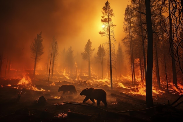 Испуганный медведь убегает от лесного пожара, крупнейшего лесного пожара в лесу, стихийного бедствия, генеративного ИИ