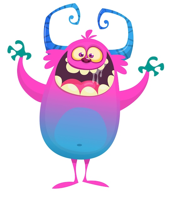Scared cartoon roze monster zwaaien Vector schattig monster mascotte illustratie voor Halloween