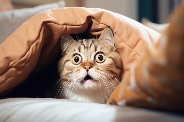 Scared cat under the blanket in a bed Generative AI