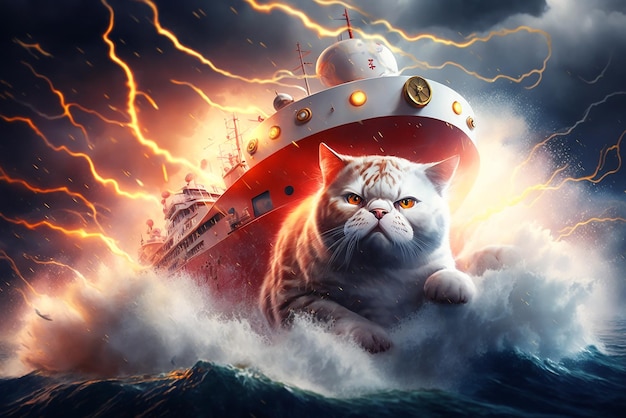 A scared cat captain is running away from a sinking ship generative ai