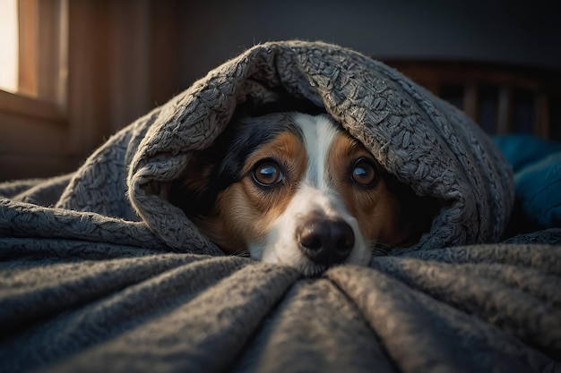 写真 怖がった犬が毛布の下に隠れている