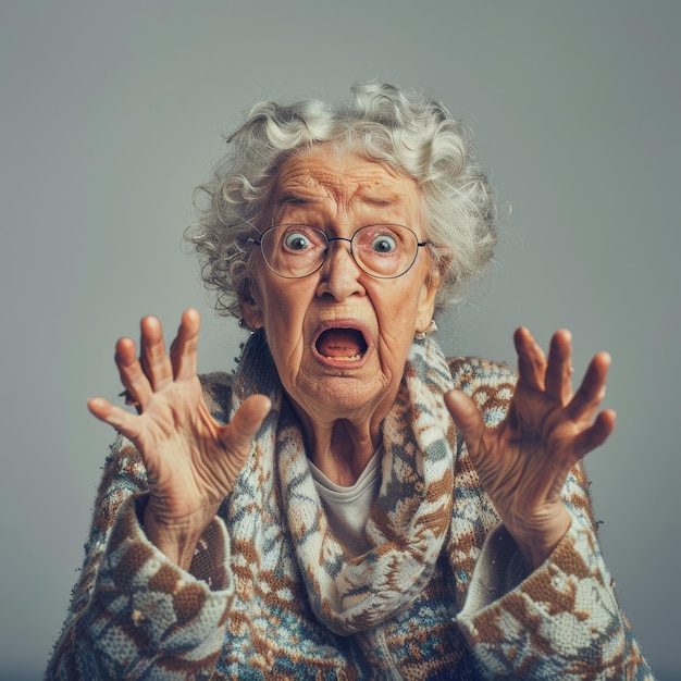 Scared elderly woman who is afraid on a light background