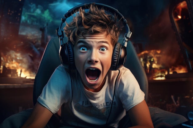 Scared excited kid plays video game face of funny gamer shocked boy generative AI Happy teen controls and watches game Concept of young people emotion esport videogame