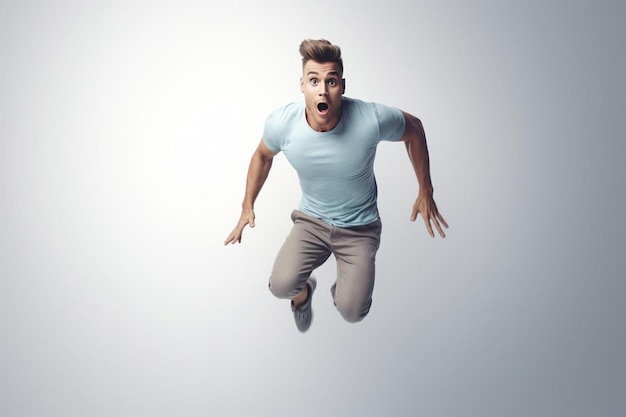 Scared guy jumping startled looking at something scary standing in orange sweater studio background