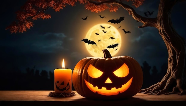 Scared Jack O Lantern and candle light in pumpkin with tree and bat for happy halloween