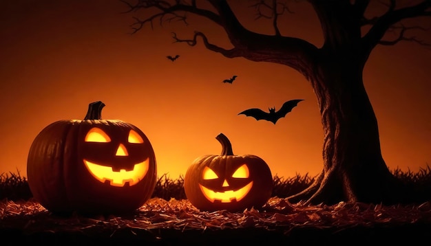 Scared Jack O Lantern en kaarslicht in pompoen met boom en vleermuis voor gelukkige Halloween