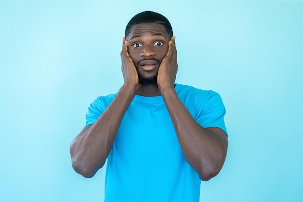 Scared man fear expression anxiety stress problem panic worried afraid shocked guy portrait isolated