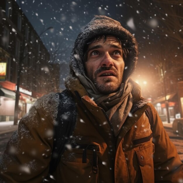 scared man well wrapped up falling snow