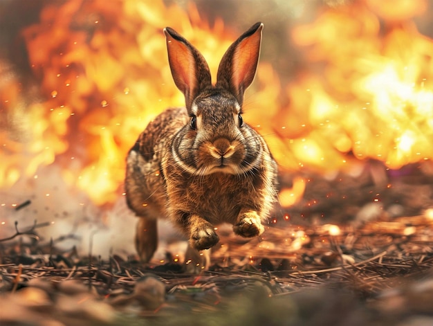 scared rabbit runs towards the camera escaping from a massive forest fire symbolizing conservation