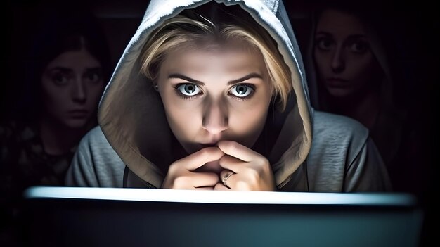 Испуганная и шокированная женщина из-за криминальной драмы киберпреследователей, шокирующей девушку по телефону сток Генеративный AI