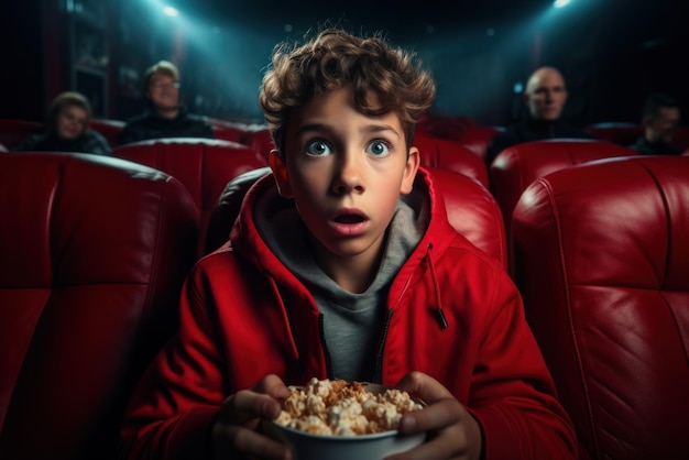 Foto adolescente spaventato sorpreso guarda film horror scioccato ragazzo al cinema generativa ai giovane persona guarda film spaventosi concetto di thriller suspense stupito la gente popcorn e la gioventù