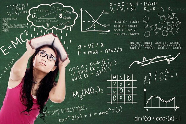 Photo scared woman holding book against blackboard with formulas