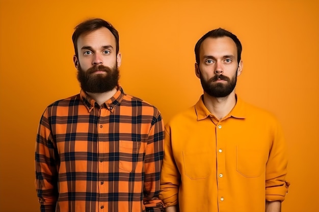 scared young bearded man posing on an orange background