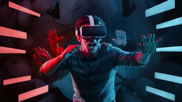 Scared young man in vr 3d glasses on dark background with red blue lighting