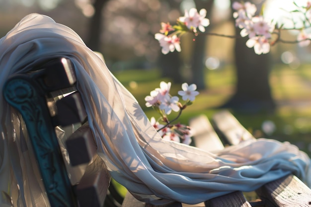 Scarf entwined with cherry blossoms on a bench