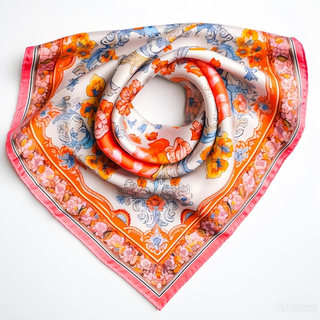 A scarf with a floral pattern is displayed on a white background.