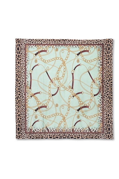 A scarf with a pattern of beads and a leopard print on it.