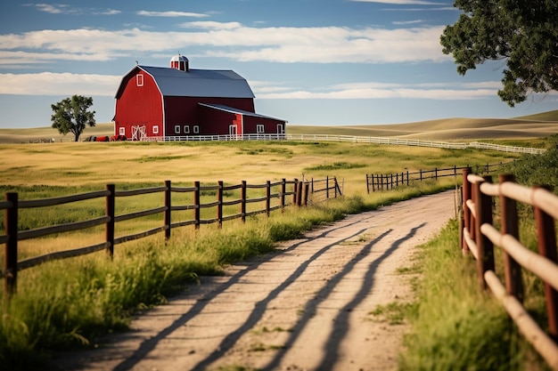 Scarlet Barn Nestled Beside Country Lane Amidst Farmland Generative AI