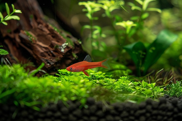 Photo scarlet gem badis fish swimming in a planted tank