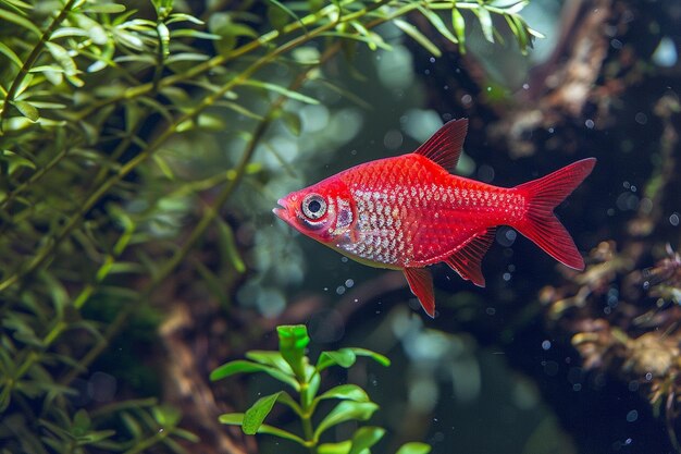 Scarlet gem badis fish swimming in a planted tank