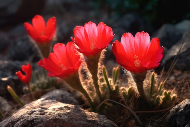 赤いヘッジホグカクタスの花が日光で生成AIで作られています