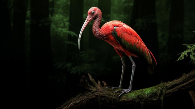 Scarlet ibis on tree trunk over dark forest background