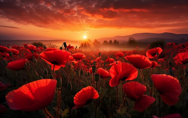 Scarlet Sunrise Poppies in the Morning Glow Generative AI