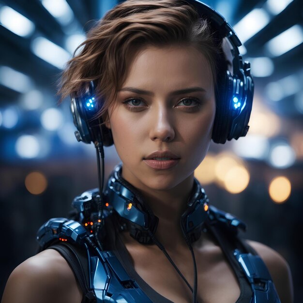 Photo scarlett johansson robotics macbook wired artificial intelligence robot blue light blurred ba