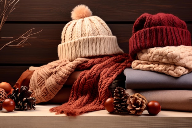 写真 スカーフ、帽子、手袋が展示されています。冬の販売コンセプト ai 生成