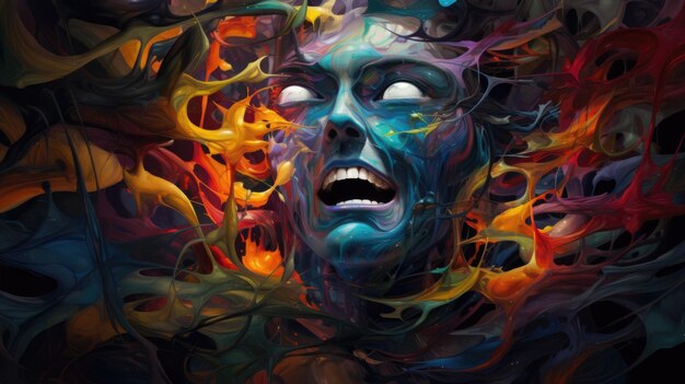 A scary abstract painting of a woman with her mouth open and eyes wide ai