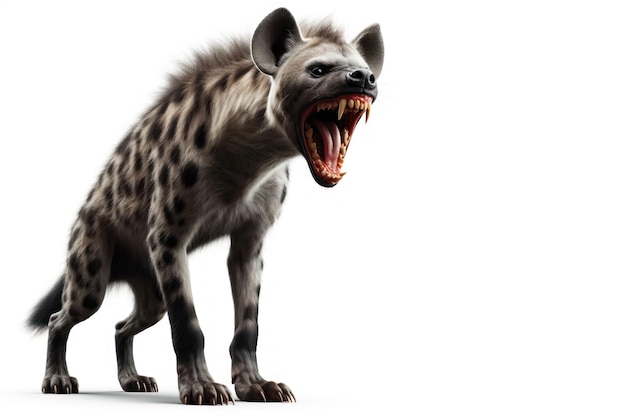 Scary aggressive Hyena with open mouth on white background