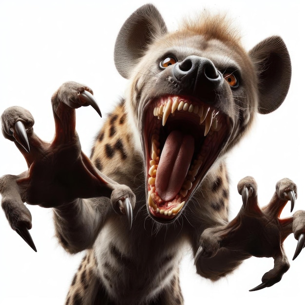 Photo scary aggressive hyena with open mouth on white background