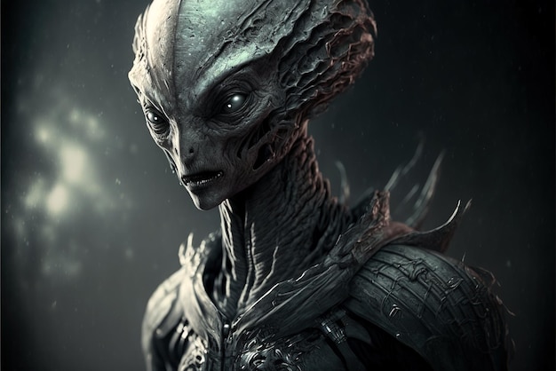 Scary alien from deep space portrait of grey extraterrestrial humanoid generative AI