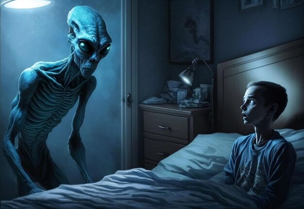 Scary alien humanoid monster visits child in his room at night generative AI