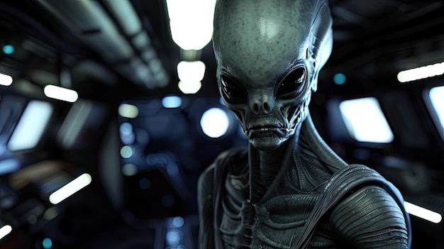 Photo scary alien with big black eyes inside spaceship portrait of spooky extraterrestrial humanoid in dark spacecraft concept of future space scifi ufo interior character