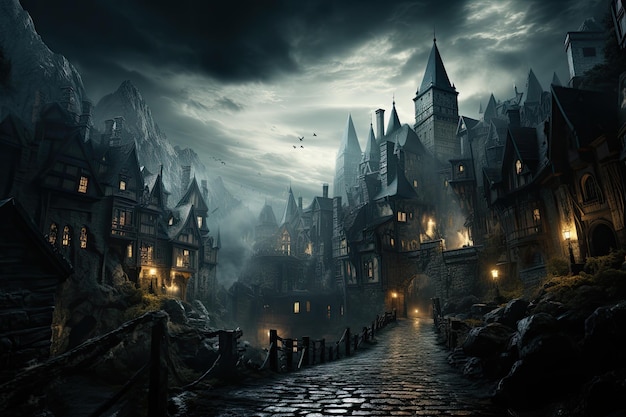 A scary antique mansion or a spooky Gothic castle at night with a full moon Halloween in a dismal