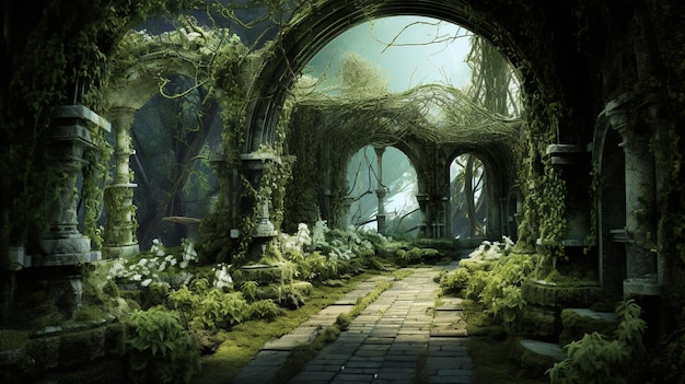 Photo scary archway labirynth garden background panoramic view generative ai