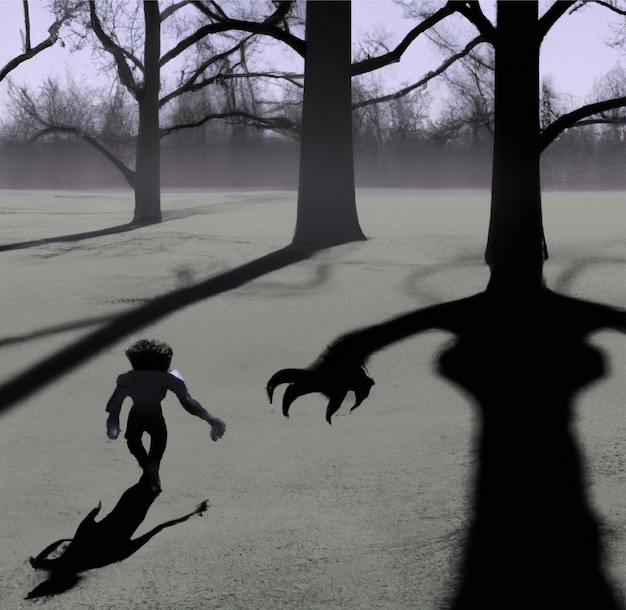 a scary black shadow figure chasing a little boy down a forest creepy scary