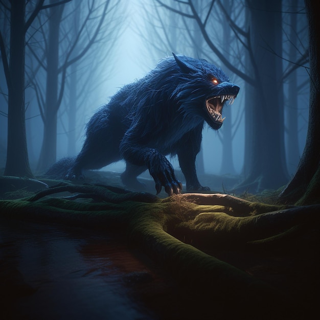 A scary black wolf in a gloomy forest High quality illustration