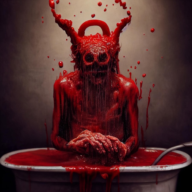Scary bloody monster in the bathtub creepy illustration