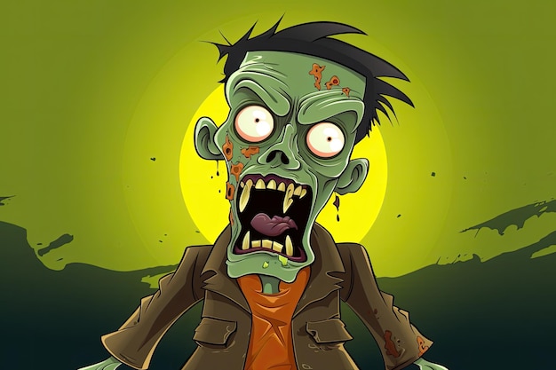 Scary cartoon green halloween zombie man on green background